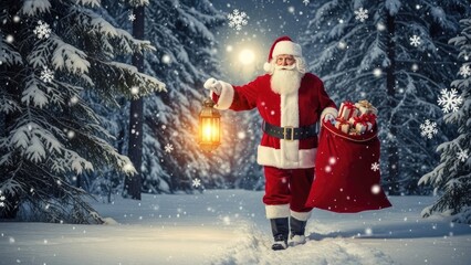 Santa Claus Delivering Gifts in a Magical Snowy Winter Forest with Golden Lantern