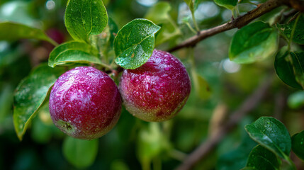 Obraz premium Two red apples hanging on a branch with green leaves and water drops
