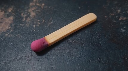 Close up of a single unlit wooden matchstick with a red purple sulfur head resting on a dark textured surface