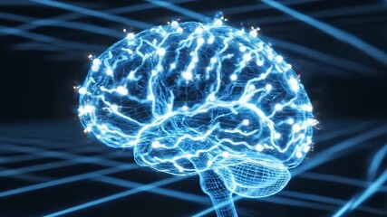 Artificial intelligence glowing in futuristic room, wireframe brain illuminated. Suitable for technology, ai, innovation concepts in design projects. - Powered by Adobe