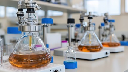 Close up of magnetic stirrers mixing solutions in laboratory beakers