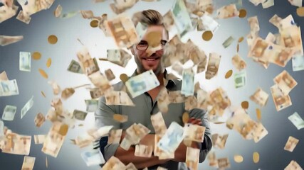 Confident man with arms crossed, showered in falling euro banknotes, celebrating financial success. 4k high quality footage - Powered by Adobe