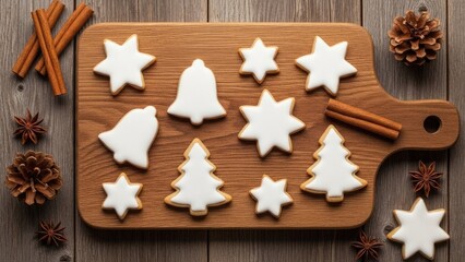Festive Christmas Cookies with White Icing on Rustic Wooden Table, Surrounded by Holiday Spices and Decorations