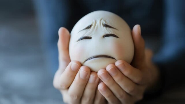 Video A person holds an egg with a sad face expression