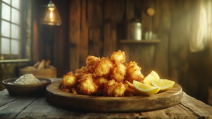 Golden fried fish and chips with lemon wedges on wooden tray