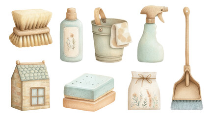 Cozy Soft Watercolor Illustration of Home Cleaning Tools and Supplies
