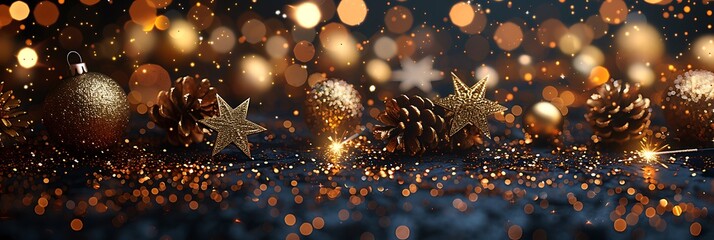 Panoramic Christmas Night With Golden Sparkles and Pine Cones