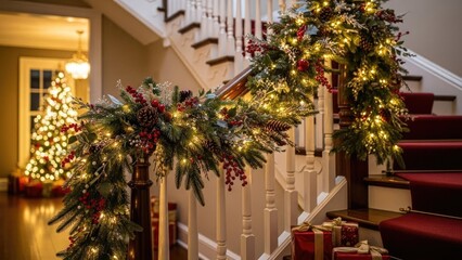 Elegant Christmas Staircase Garland with Twinkling Lights and Festive Gifts in a Cozy Home Interior