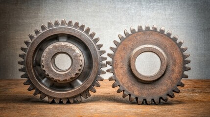 Close up of two interlocked heavy cast iron gears in display