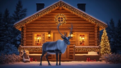 Enchanting Reindeer at Santa's Festive Log Cabin Adorned with Christmas Lights in a Snowy Wonderland