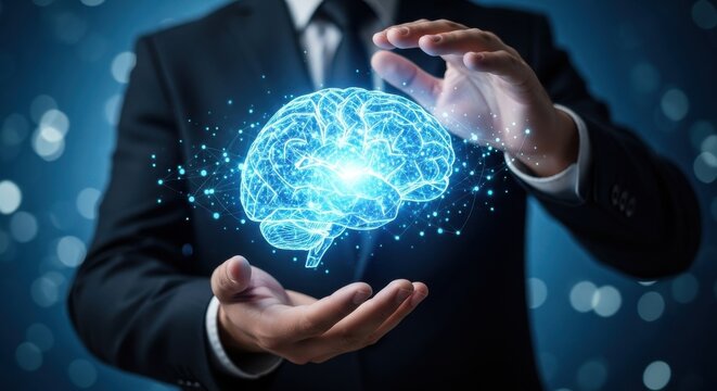Businessman holding glowing abstract digital brain