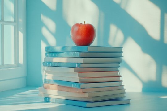 A red apple sits atop a stack of pale blue and pastel books, illuminated by natural light and soft shadows, symbolizing learning. - Powered by Adobe