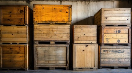 Collection of unvarnished wooden crates stacked high for storage and transport