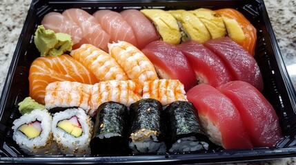 Close up view of sushi and sashimi arrangement on display