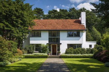 A stunning modern house is nestled amidst vibrant greenery in a tranquil neighborhood, basking in the warmth of a sunny day