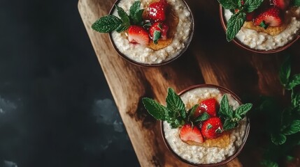 Delicious oatmeal with fresh berries on a rustic wooden table
