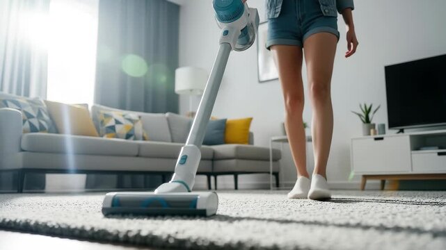 Modern woman efficiently cleans carpet with cordless vacuum in bright living room, creating a fresh home environment. 4k high quality footage