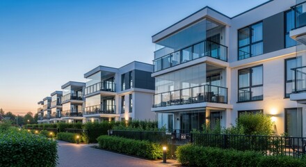 Obraz premium Modern Apartment Buildings with Glass Balconies at Dusk