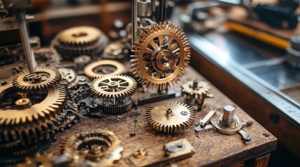 Disassembled Brass Clock Gears on a Wooden Table