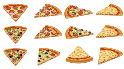 Twelve assorted slices of pizza isolated on transparent background