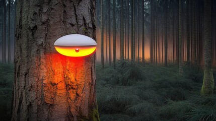 Motion activated sensor unit with orange light mounted on a thick tree trunk in a dark forest