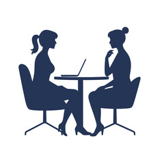 Silhouette of two women sitting at a table with a laptop, engaged in conversation.