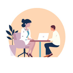 Doctor consulting with a patient at a desk with a laptop.