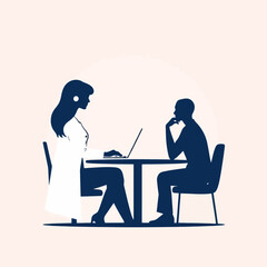 A woman and a man are sitting at a table, possibly in a meeting or interview setting.