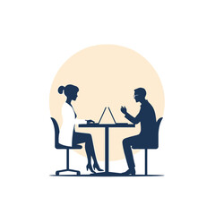Silhouette of a man and woman sitting at a table with laptops, engaged in a discussion.