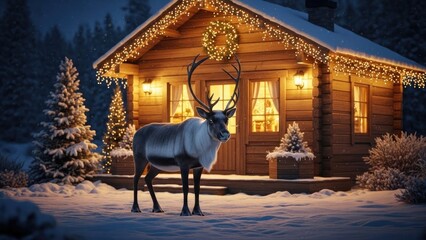 Magical Reindeer in Snowy Winter Landscape Outside Cozy Christmas Log Cabin with Warm Lights