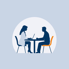 Silhouette of a woman and a man sitting at a table with a laptop, possibly in a meeting.