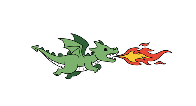 A cute and simple cartoon illustration of a green dragon breathing fire while flying through the air on a white background.