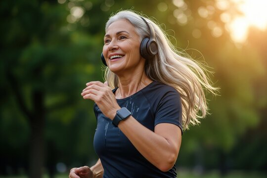 Joyful senior woman jogging outdoors wearing headphones and a fitness watch, enjoying a sunny morning run