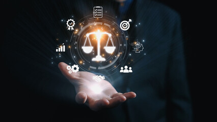 Futuristic digital law interface displaying justice scale, highlighting digital law, AI compliance, digital law systems, and digital law regulations for secure governance. Elide