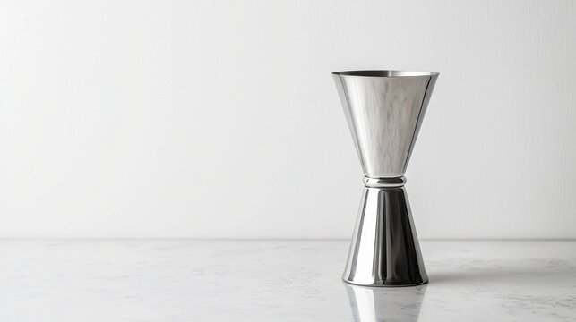 Shiny stainless steel cocktail jigger standing upright on a white surface