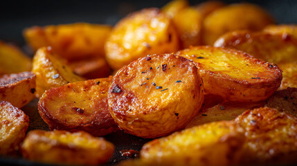 Close up of roasted potatoes with herbs on a dark surface showing golden brown and crispy edges