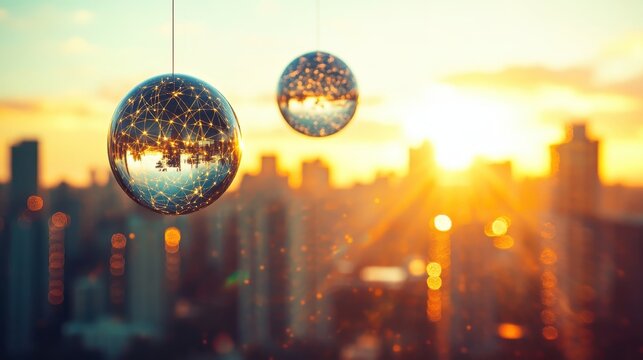 Shiny mirrored spheres hanging over vibrant sunset city skyline