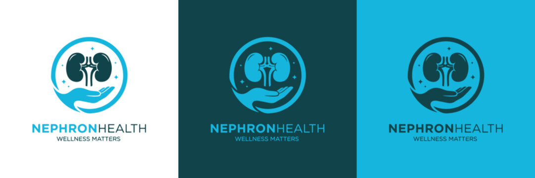 A professional logo for NephronHealth, depicting human kidneys cradled by a caring hand, symbolizing support, wellness, and medical expertise in renal care. Ideal for clinics and health services.