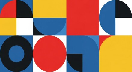 Abstract geometric composition featuring bold primary colors and dynamic shapes