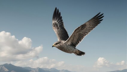 Obraz premium Majestic Hawk Soaring Through a Cloudy Sky Over Mountains.