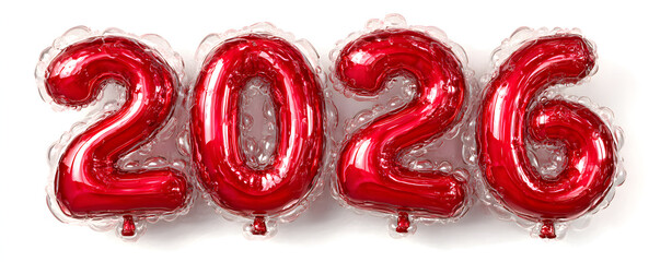 Happy New Year 2026 balloon bubble effect, 3D vector illustration isolated on transparent background, number 2026 in red inflatable letters