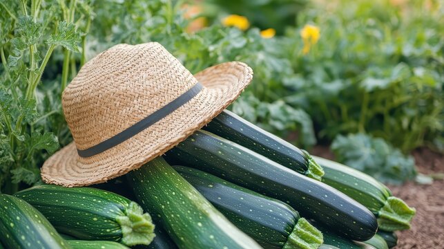 Straw hat resting on a pile of fresh zucchini vegetables