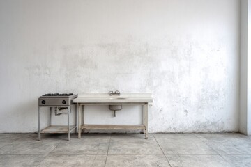 Kitchenette with stainless steel stove and sink against textured wall.