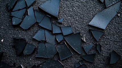 Jagged dark ceramic shards scattered across a textured rough surface