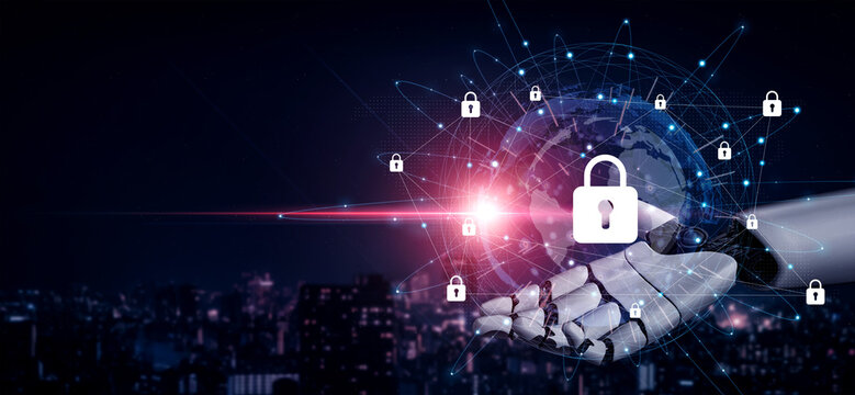 A futuristic portrayal of a robotic hand holding a globe adorned with security locks, symbolizing advanced cyber protection and data safety in the digital age. Gantry