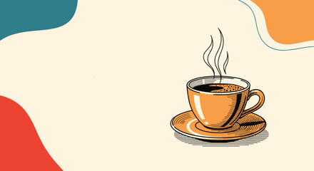Obraz premium Vintage-style illustration of a steaming hot cup of coffee on a saucer with a background of modern abstract colorful shapes.