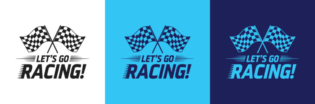 A set of three stylized racing emblems featuring crossed checkered flags and "Let's Go Racing!" text, ideal for sports events, promotion, and competition.