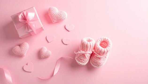 Sweet baby shower gift and crochet hearts on pastel pink background celebrate new beginnings and cherished memories, offering warmth and gentle love - Powered by Adobe