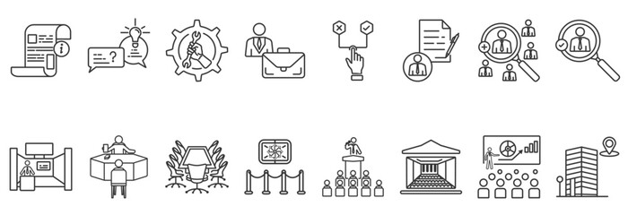 Job fair icon collection includes informing, advising, skills, jobs, choices, applicants, recruiting, hiring with thin line illustrations and white background.