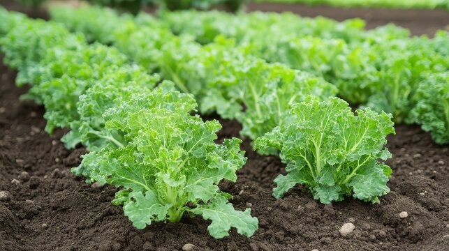 Kale Plants Growing in a Row with Healthy Green Leaves - Powered by Adobe